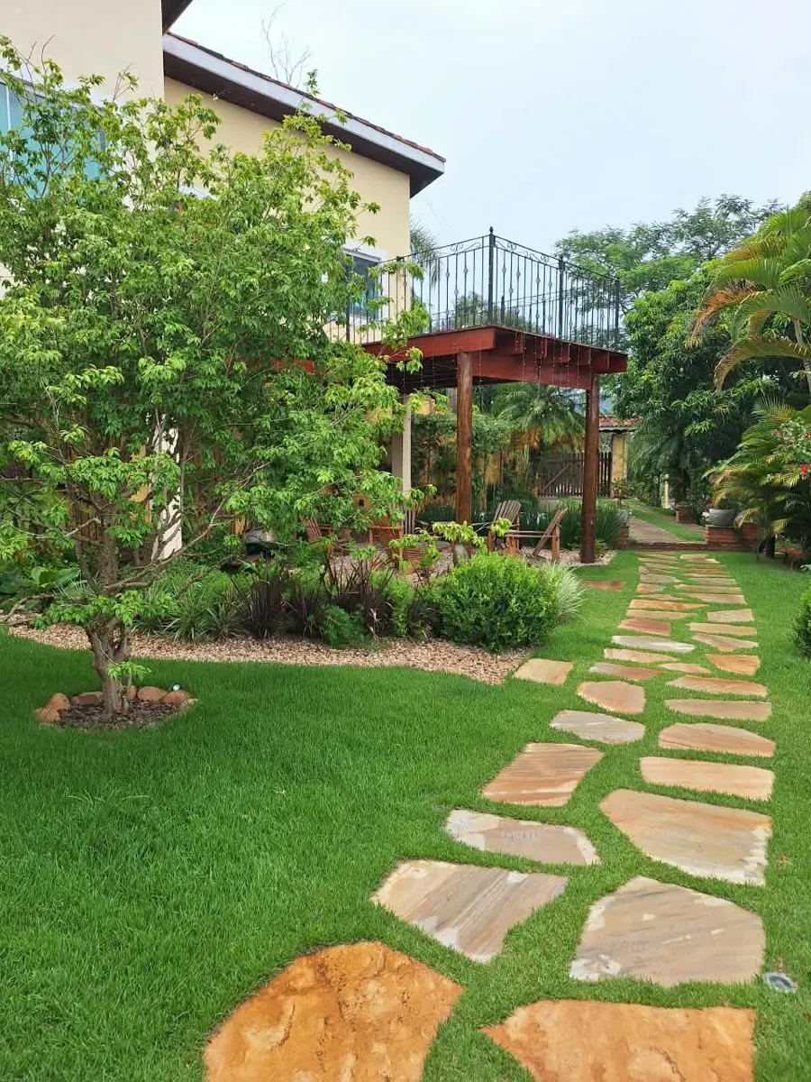 Jardim com gramado, árvore e caminho de pedras em frente a pergolado de madeira