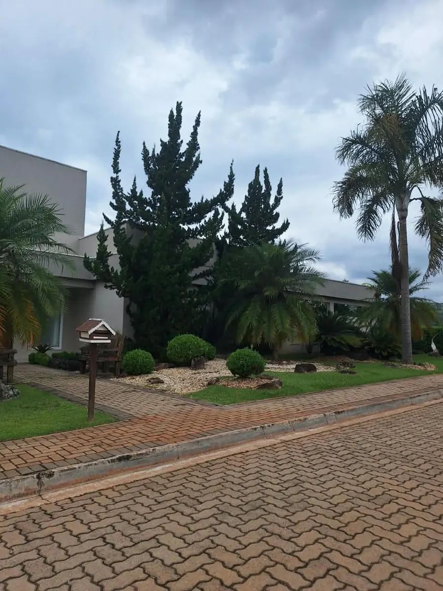 Entrada de residência com jardim, pedras decorativas e palmeiras