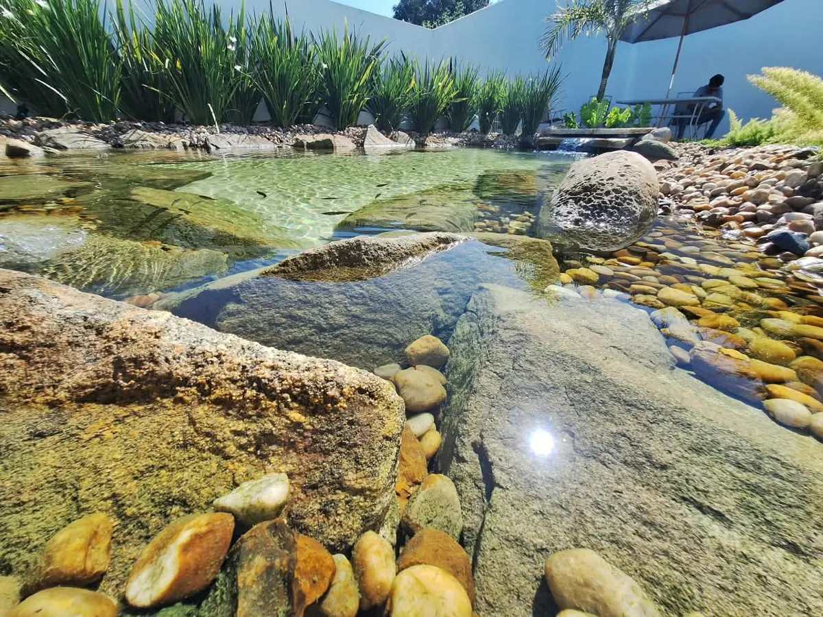 Piscina natural com água cristalina, pedras e seixos em área com guarda-sol