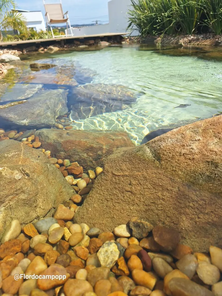 Pedras naturais e seixos de rio ao redor de piscina natural de água clara